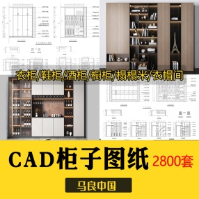 2800套家装衣柜酒橱柜子榻榻米书柜鞋柜家具CAD图库平立面施工图纸设计